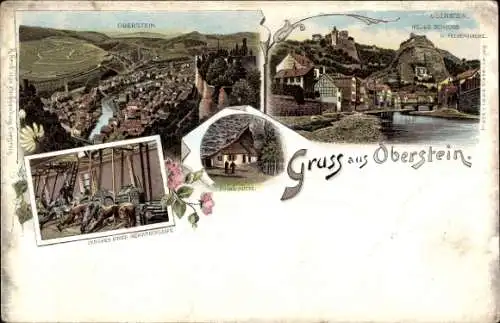 Litho Oberstein an der Nahe, Gesamtansicht, Neues Schloss, Felsenkirche, Achatschleiferei