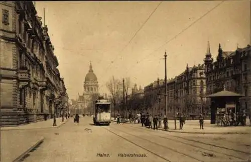 Ak Mainz am Rhein, Kaiserstraße, Straßenbahn, Turm, Kiosk