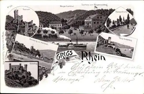 Litho Trechtingshausen am Rhein, Burg Fürstenberg, Heimburg, Morgenbachtal