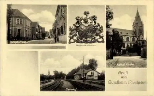 Ak Gundheim in Rheinhessen, Wappen Greifenklau, Hauptstraße, Katholische Kirche, Bahnhof