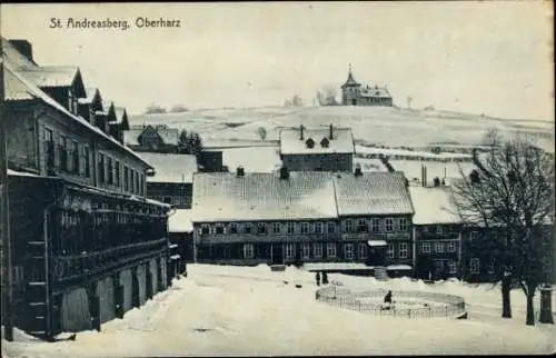 Ak Sankt Andreasberg Braunlage im Oberharz, Teilansicht, Winteransicht, Kirche