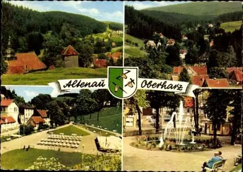 Ak Altenau Clausthal Zellerfeld im Oberharz, Teilansichten, Wappen, Springbrunnen