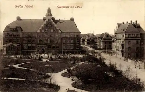 Ak Gröba Riesa an der Elbe Sachsen, Georgplatz mit Schule