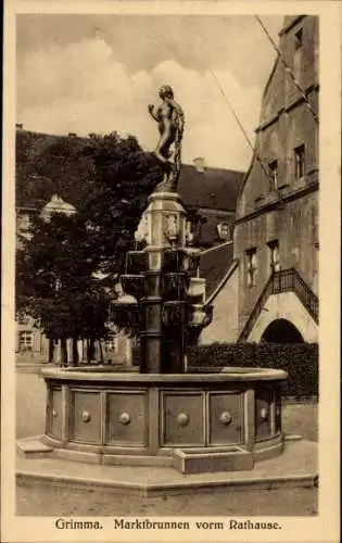 Ak Grimma in Sachsen, Marktbrunnen vorm Rathaus