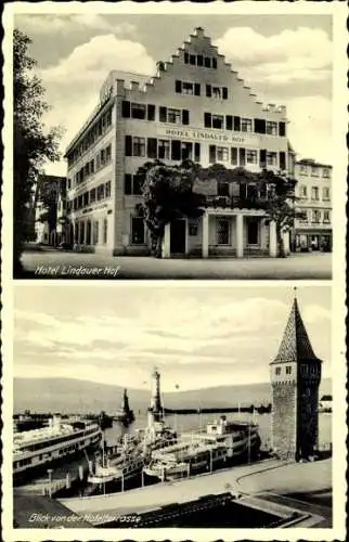 Ak Lindau am Bodensee Schwaben, Hotel Lindauer Hof, Blick v. Hotelterrasse, Hafen, Bodenseedampfer