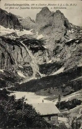 Ak Grainau in Oberbayern, Höllentalangerhütte, Zugspitze