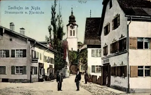 Ak Sonthofen im Oberallgäu Schwaben, Straßenpartie, Pfarrkirche