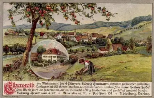 Litho Elbersroth Herrieden in Mittelfranken, Blick zum Ort, Mädchen pflückt Blumen