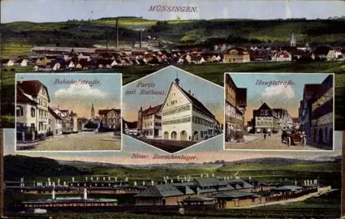 Ak Münsingen in Württemberg, Bahnhofstraße, Rathaus, Hauptstraße, Neues Barackenlager