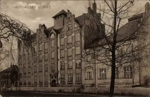 Ak Schwabing West München Bayern, Haimhauserstraße, Haimhauser Schule, Straßenansicht