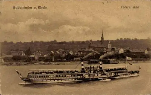 Ak Budenheim am Rhein, Gesamtansicht, Dampfschiff