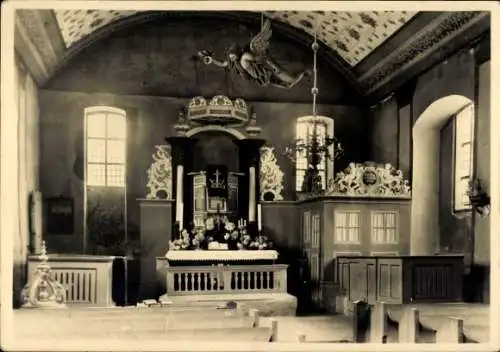 Ak Kloster Insel Hiddensee in der Ostsee, Fischerkirche, Innenansicht, Engel, Altar