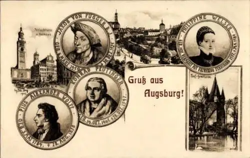 Ak Augsburg in Schwaben, Perlachturm, Rathaus, Fünffingerlesturm, Pius Alexander Wolff