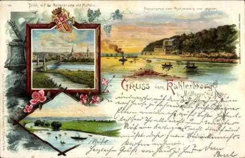 Litho Mülheim an der Ruhr, Kahlenberg, Kettenbrücke, Panorama