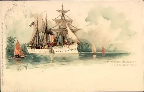 Künstler Litho Bohrdt, Hans, Deutsches Kriegsschiff, SMS Bussard, Kreuzer, Südseeinseln