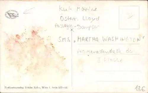 Künstler Ak Dampfer Martha Washington, Österreichischer Lloyd, Promenadendeck II. Klasse