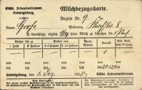 Ak Ludwigsburg in Württemberg, Milchbezugskarte, Städtisches Lebensmittelamt, Bezirk 9, 1920