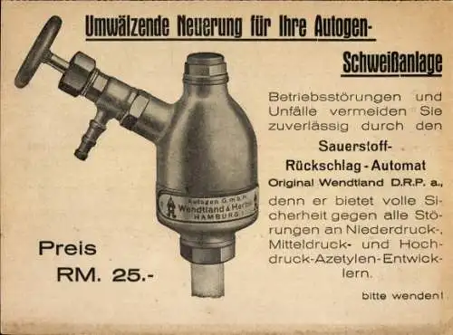 Foto Ak Hamburg, Reklame, Autogen GmbH, Wenstland & Herbst, Sauerstoff-Rückschlag-Automat