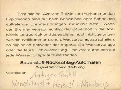 Foto Ak Hamburg, Reklame, Autogen GmbH, Wenstland & Herbst, Sauerstoff-Rückschlag-Automat