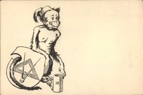 Ak Reklame, Affe mit Bierkrug, Hofbräu, Freimaurer Symbol