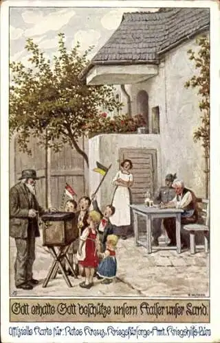 Künstler Ak Kutzer, Ernst, Gott erhalte unsern Kaiser, KuK Soldat, Leierkastenmann