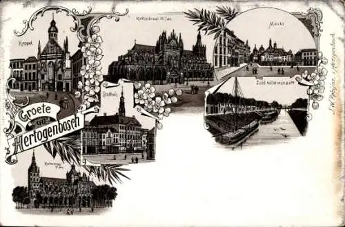 Lithographie 's Hertogenbosch Nordbrabant Niederlande, Markt, Kathedrale, Kapelle, Rathaus