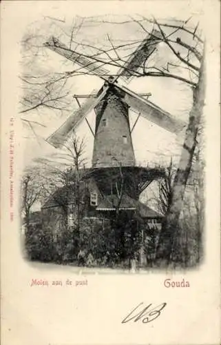 Ak Gouda Südholland Niederlande, Mühle an der Spitze