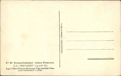 Ak Dampfer SS Bretagne, CGT, French Line