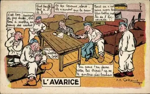 Künstler Ak L'Avarice, französischer Soldat, Betten