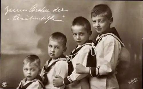 Ak Söhne des Kronprinzenpaares, Prinz Wilhelm, Louis Ferdinand, Hubertus, Friedrich, Cecilienhilfe