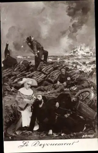 Künstler Ak Schlachtszene, Priester und Nonne versorgen verwundete Soldaten