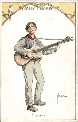 Künstler Ak Singender Junge mit Gitarre, Vogel, Duo