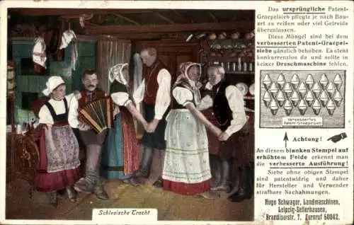 Ak Schlesische Tracht, Werbung, Hugo Schwager, Landmaschinen, Dreschmaschine