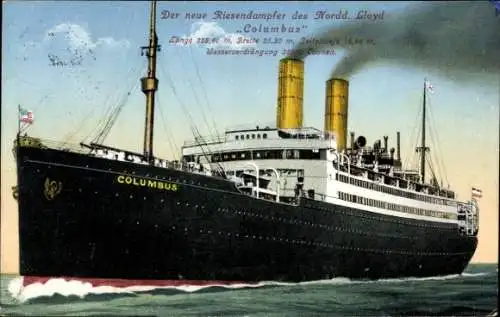 Ak Riesendampfer Columbus, Norddeutscher Lloyd Bremen NDL