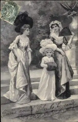 Litho Drei junge Frauen, Spaziergang, Kleid, Fächer, Muff