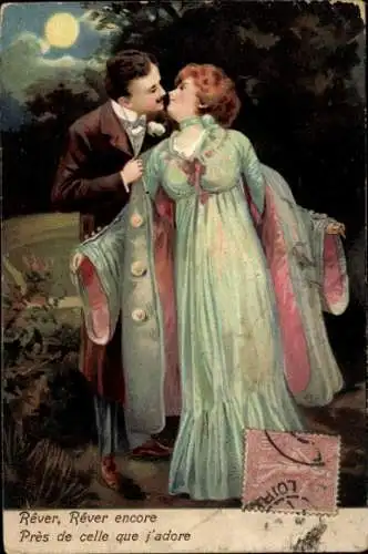 Mondschein Ak Stellt sich die kühle Nachtluft ein, Liebespaar, Kuss
