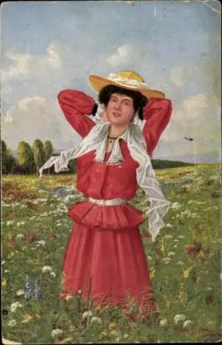 Künstler Ak Schilling, F., Frau in rotem Kleid auf Blumenwiese