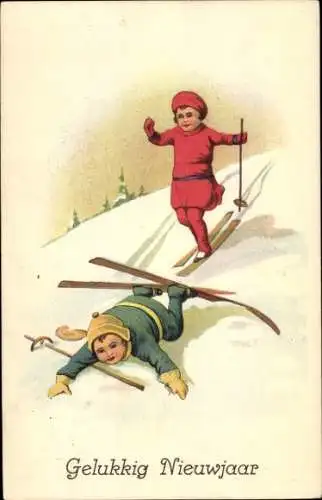 Ak Glückwunsch Neujahr, Skifahrer ist gestürzt