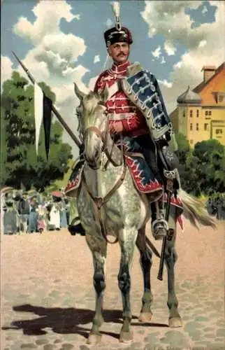 Künstler Litho Hoffmann, A., Deutscher Soldat, Husar, Kavallerie, Pferd, Lanze