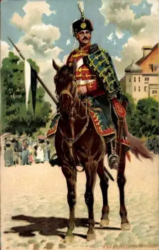 Künstler Litho Hoffmann, A., Husar, deutscher Soldat, Kavallerie, Pferd, Lanze, Kaiserreich