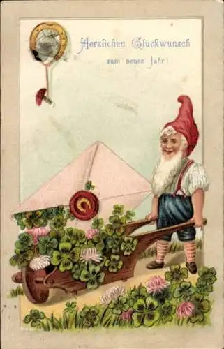 Präge Ak Glückwunsch Neujahr, Zwerg, Schubkarren, Klee, Brief, Hufeisen