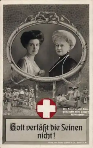 Passepartout Ak Kaiserin Auguste Viktoria, Kronprinzessin Cecilie von Preußen, Rotes Kreuz