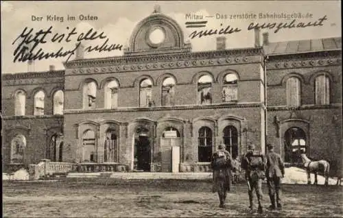 Ak Jelgava Mitau Lettland, Kriegsschauplatz, zerstörtes Bahnhofsgebäude