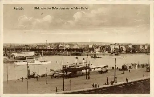 Ak Szczecin Stettin Pommern, Blick von der Hakenterrasse auf den Hafen