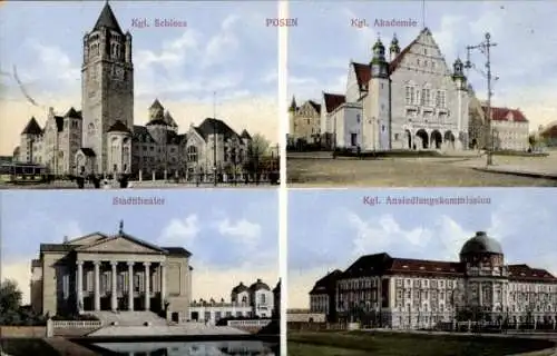 Ak Poznań Posen, Kgl. Schloss, Kgl. Akademie, Stadttheater, Ansiedlungskommission