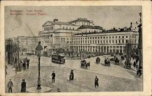 Ak Warszawa Warschau Polen, Teatr Wielki, Straßenpartie am Großen Theater, Straßenbahn