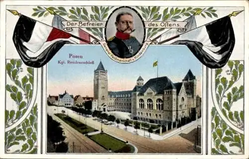 Ak Poznań Posen, Königliches Residenzschloss, Portrait, Fahnen