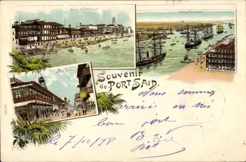 Litho Port Said Ägypten, Hafenansicht, Straßenpartie, Strand