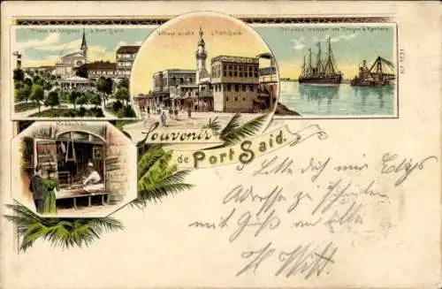 Litho Port Said Ägypten, Segelschiff im Hafen, Lesseps Platz