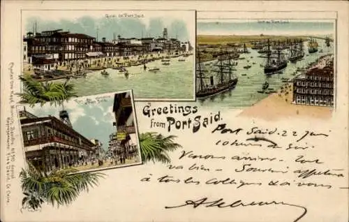 Litho Port Said Ägypten, Hafenansicht, Straßenpartie, Strand